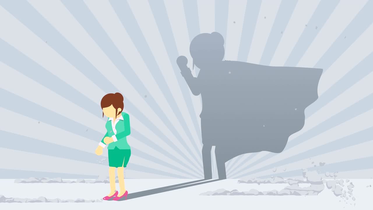 슈퍼히어로 그림자와 함께 서 있는 사업가, 사업가 여성, 상징, 우승자 및 도전 개념, 만화 루프 애니메이션