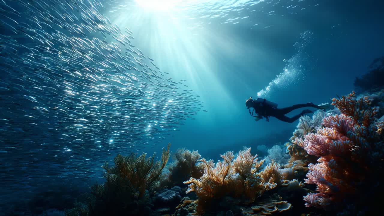 A Diver's Journey Through Vibrant Coral Reefs and Schools of Fish Beneath the Sunlit Surface, Capturing the Beauty and Tranquility of Underwater Exploration