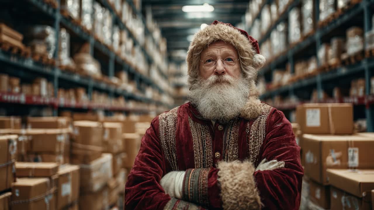 A Jolly Figure Amidst Holiday Preparations: A Heartwarming Scene of a Bearded Man Dressed as Santa Claus Surrounded by Stacks of Gift Boxes in a Warehouse