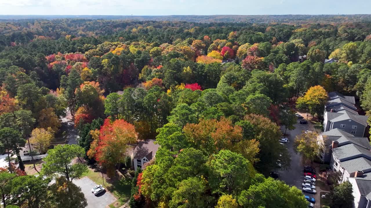 otoño vibrante hojas de otoño cambiando de color sobrevuelo de drones del vecindario