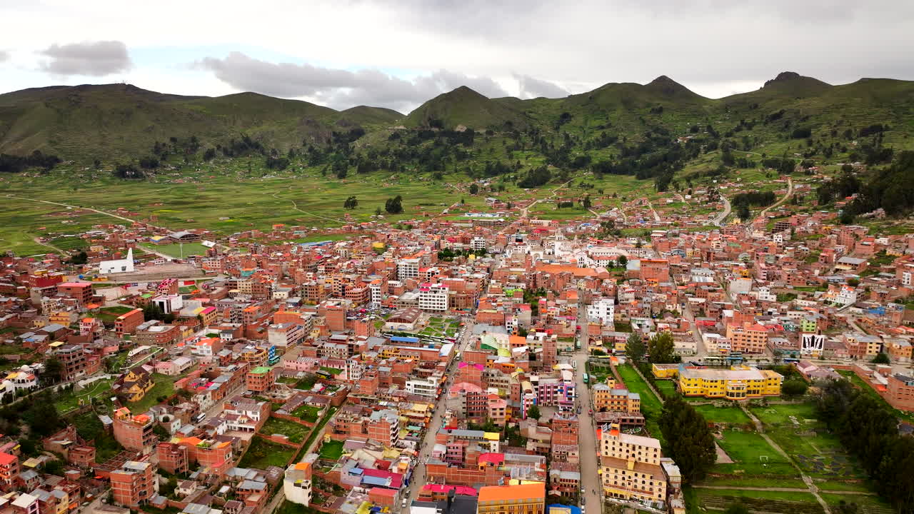 Densely built Copacabana on lakeshore of Lake Titicaca in Bolivia, aerial