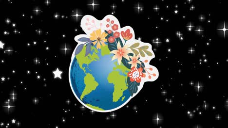 Animation-of-globe-with-flowers-over-night-sky