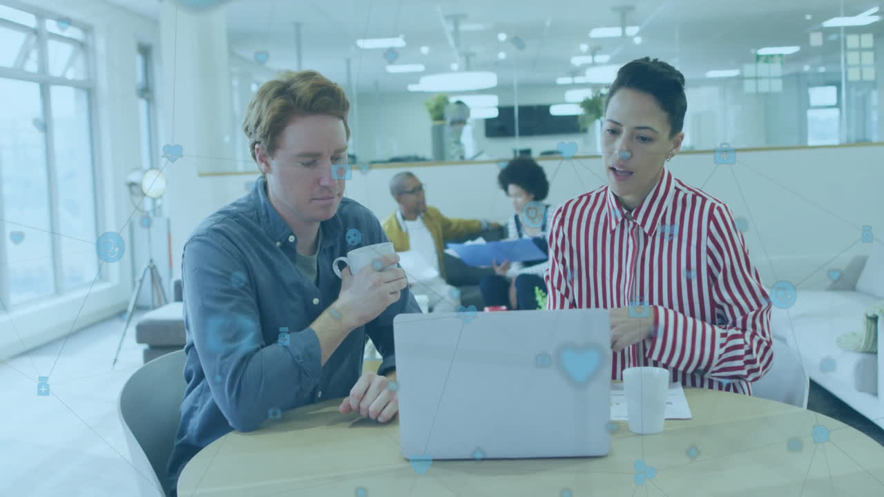 Animation of financial data processing over diverse business people in office