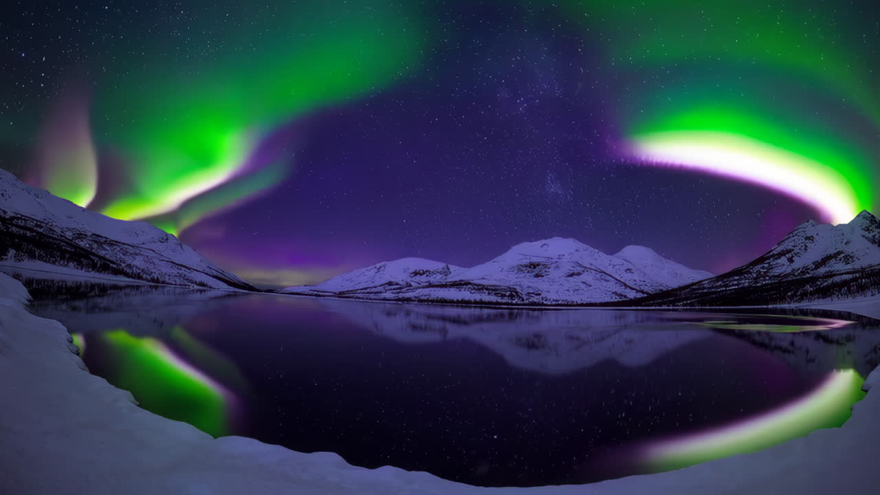 Spettacolare aurora boreale su montagne innevate e riflesso nel lago