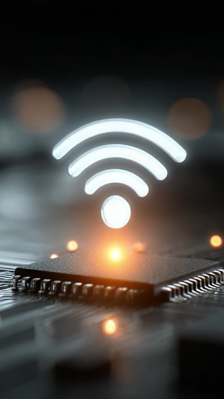 Innovative Technology Visualization: Close-up of a Microchip Emitting a Wi-Fi Signal, Representing Connectivity and Advanced Electronics in a Digital World