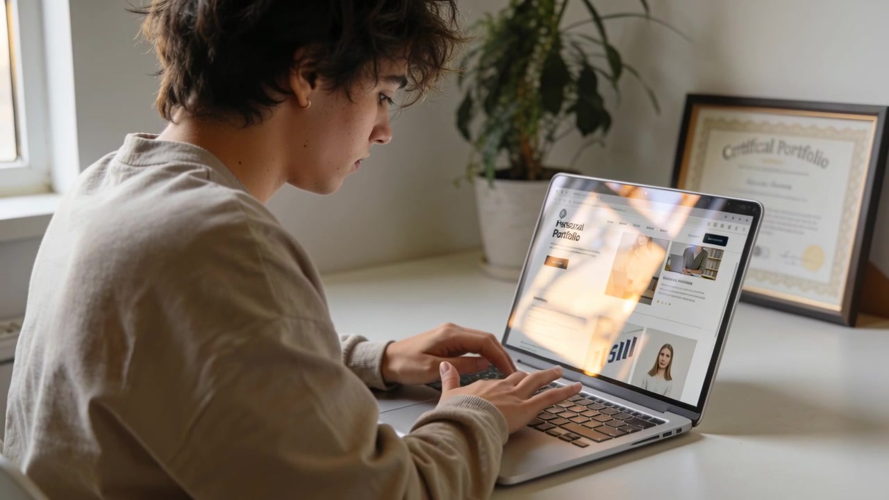 Seeing portfolio on laptop, teen wearing sweater typing edits at desk by window with plant, diploma