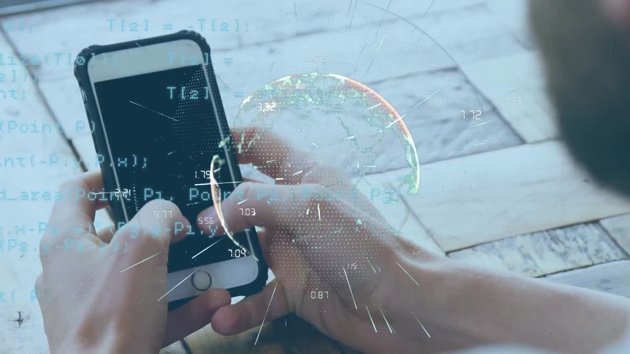 animación del globo y procesamiento de datos sobre el hombre caucásico usando un teléfono inteligente