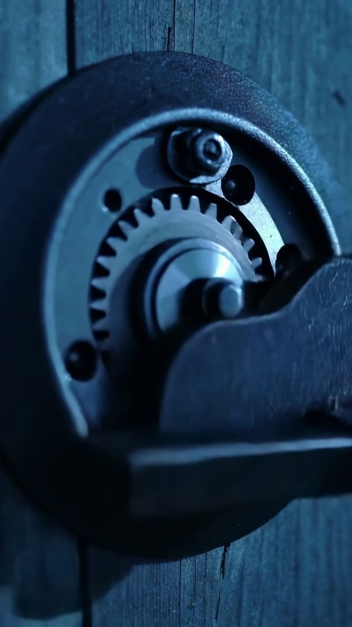 Vertical video: Turning lever driving cogwheel in lock housing on wood door, cycling latch