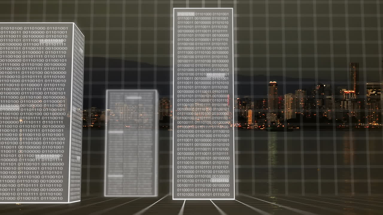 Animation of data processing over servers and cityscape
