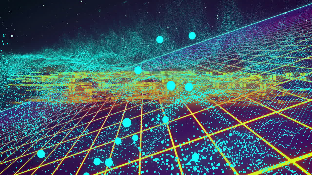 Floating blue particles and glowing grid creating digital animation landscape