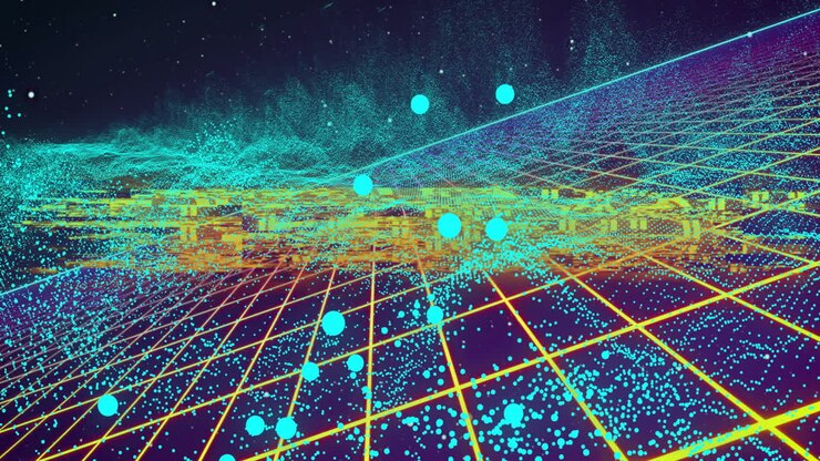 Floating blue particles and glowing grid creating digital animation landscape