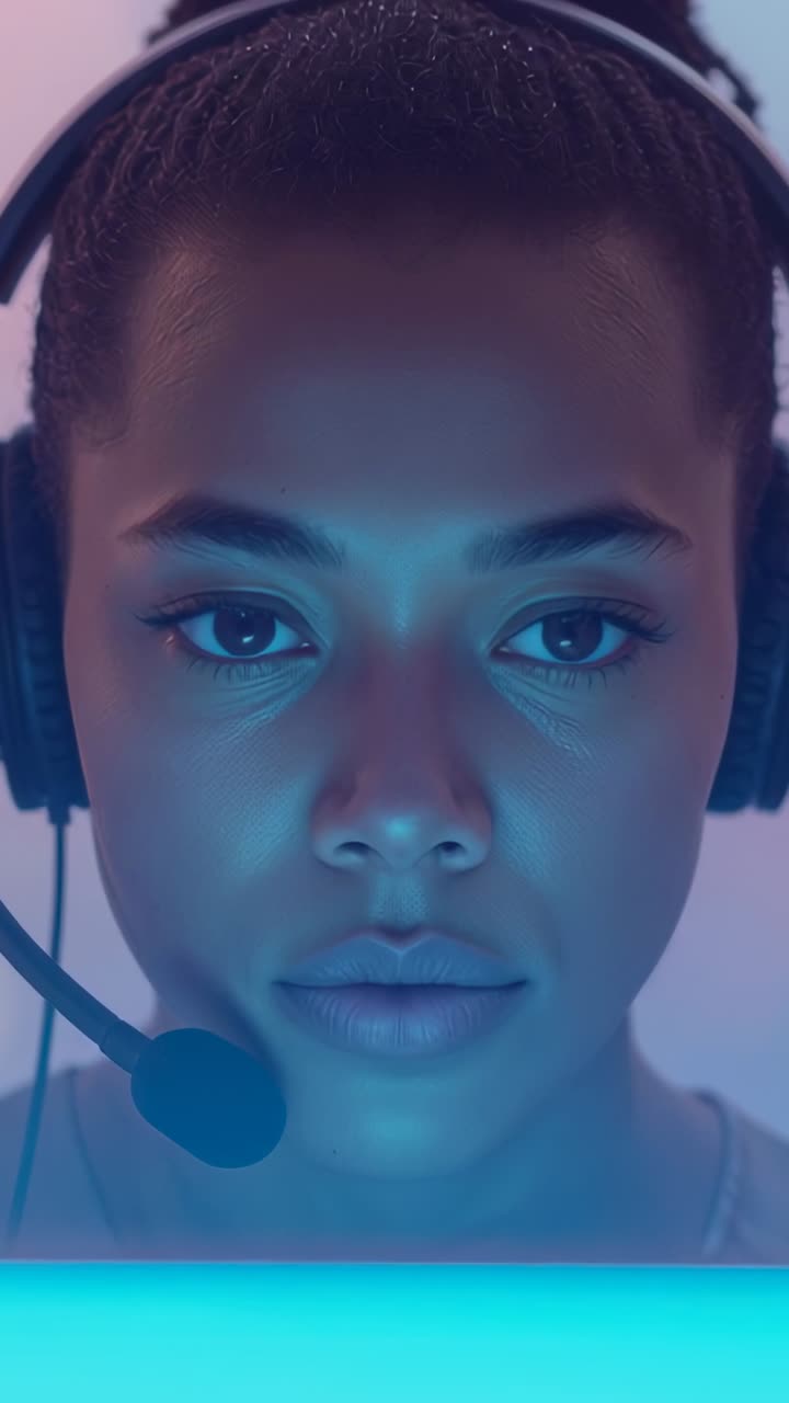 Video verticale: primi piani di una donna che apre gli occhi e si concentra in studio con un microfono con cuffie