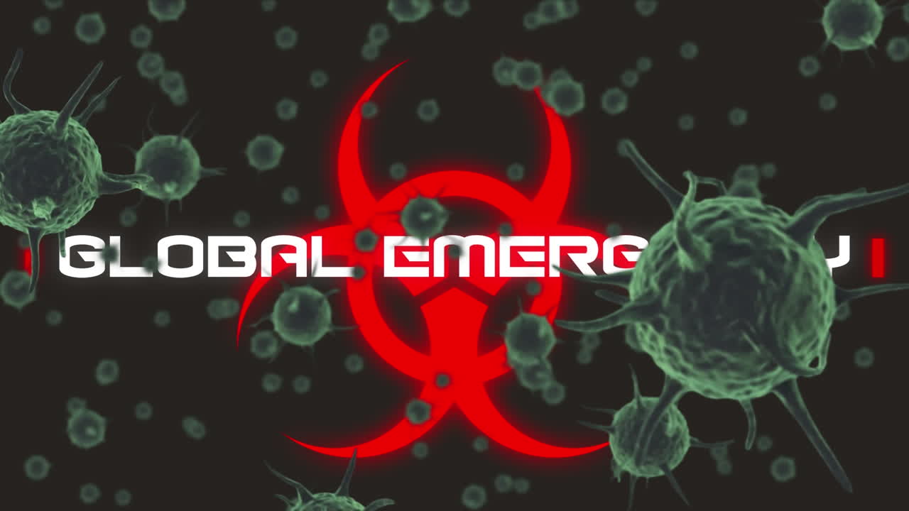 animación del texto de covid 19 y las celdas con símbolo de peligro biológico