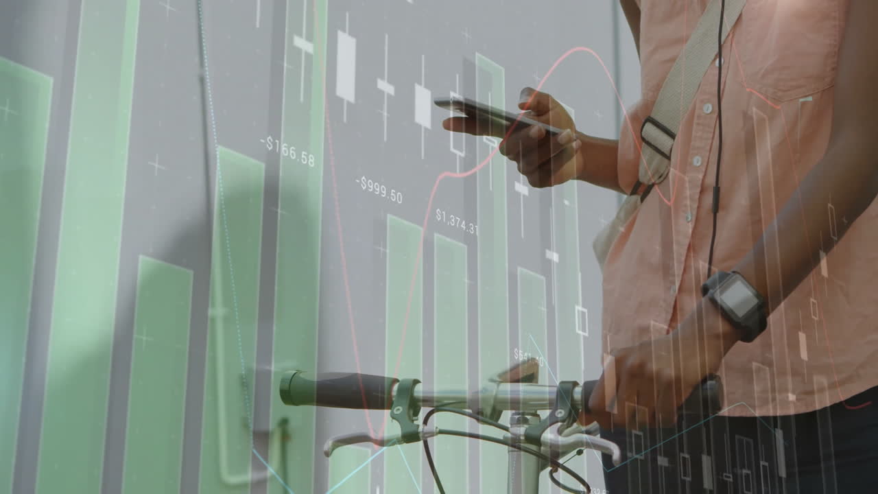 Animation of financial data processing over african american woman using smartphone