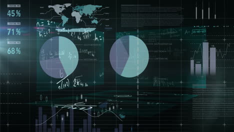 Mathematical equations floating against statistical data processing against black background