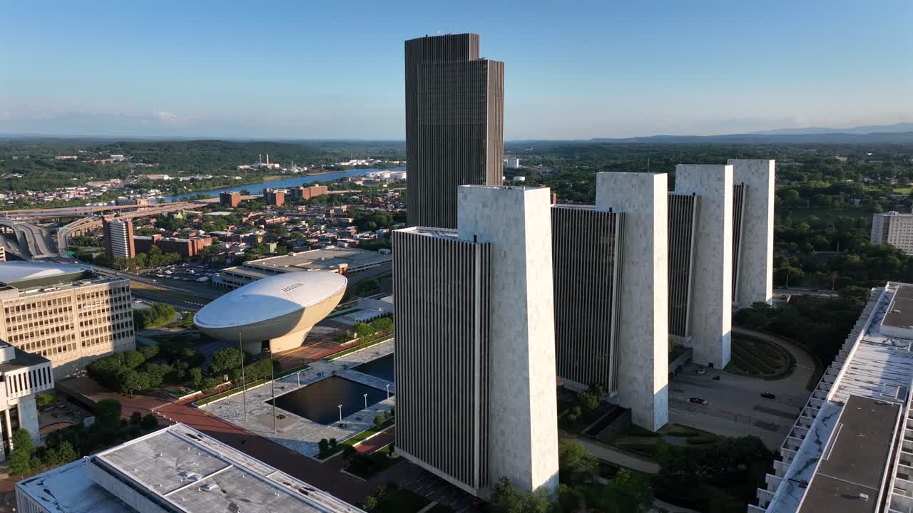Futuristic the egg theater and Empire State plaza in Albany, New York. Aerial view. Sunset time in beautiful American town. Aerial top down shot
