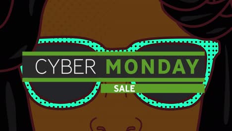 animación digital de la venta de cyber monday banner de texto contra la mujer que lleva gafas de sol icono
