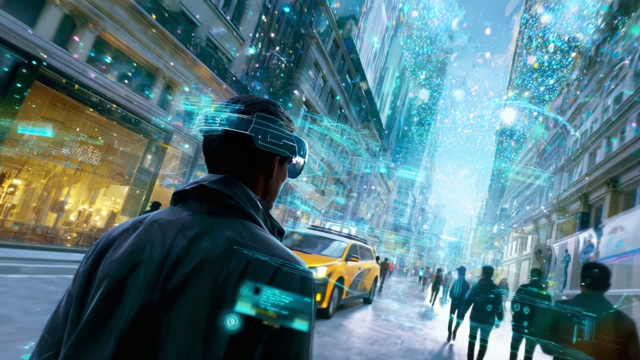 Futuristic Urban Exploration: A Man in Smart Glasses Navigates a Vibrant Cityscape Enhanced with Digital Overlays, Dynamic Lights, and Holographic Projections in a Bustling Environment