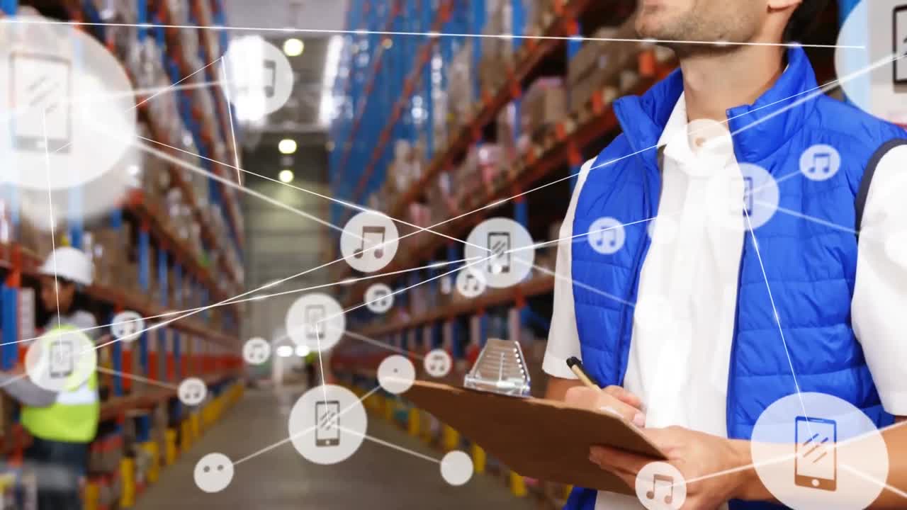 倉庫で働く人の上での接続ネットワークのアニメーション