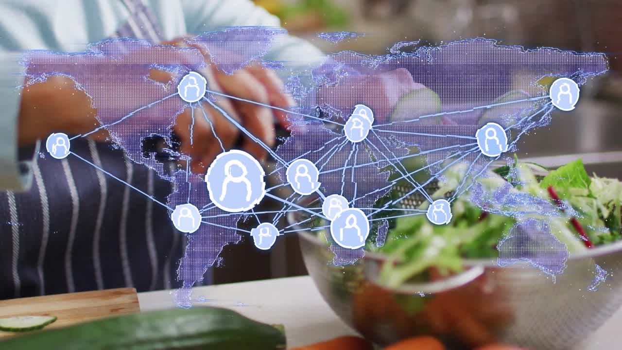 Senior cook placing cucumber on board, slicing rounds for food while transparent world map pulses