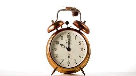 la aguja del reloj gira rápidamente el lapso de tiempo. la aguja el reloj gira rápido en el reloj de alarma de bronce vintage sobre fondo blanco.