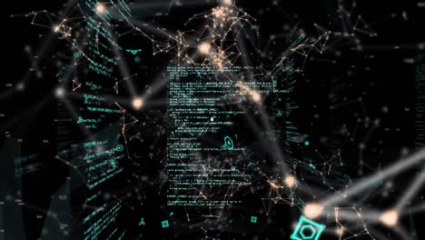 animation of interface showing network of connected people icons and information on black