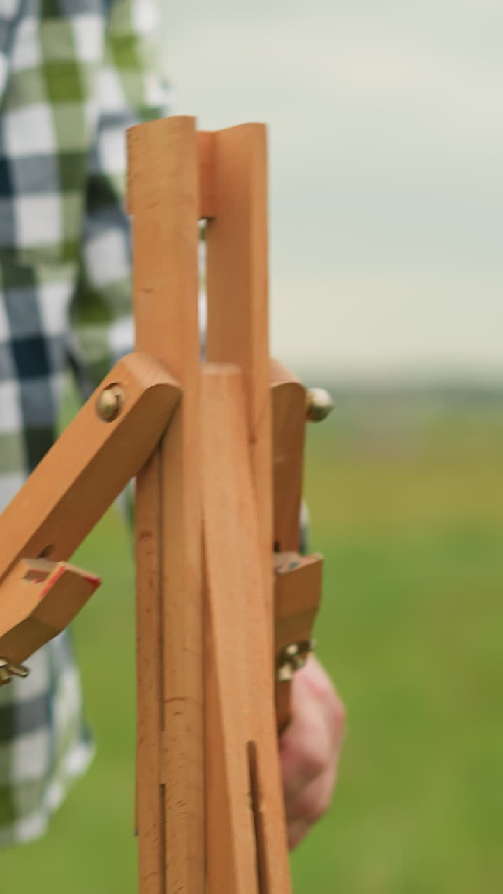 A person in a plaid shirt is holding and setting up a wooden tripod outdoors in a grassy field. The close-up shot focuses on the hands and tripod, process of preparation in a natural, serene setting