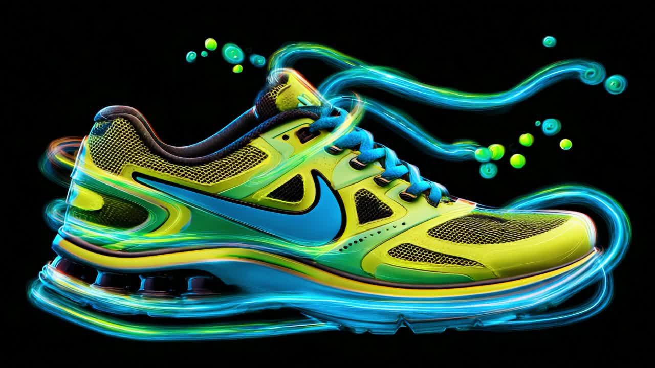 Dynamic Visualization of a Vibrant Athletic Shoe with Neon Accents and Fluid Motion Effects Capturing Energy and Style in a Futuristic Presentation