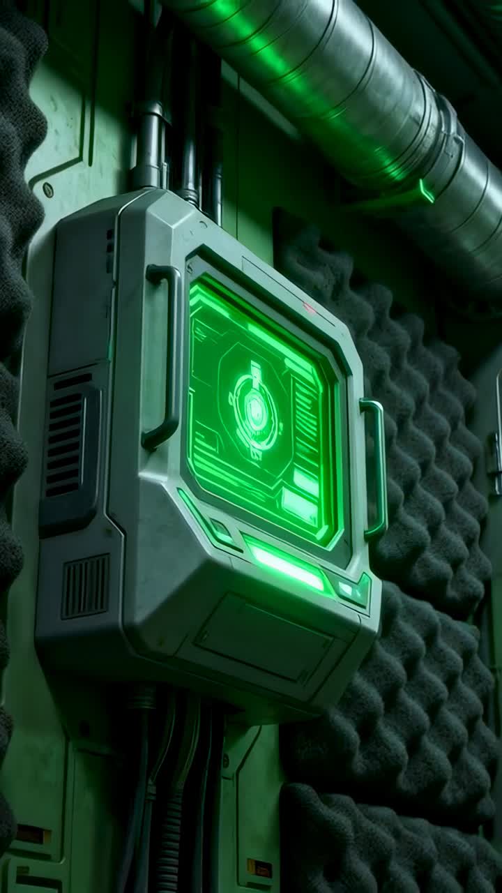 Vertical video: Pulling back camera, console pulsing green display in tech room indicating status