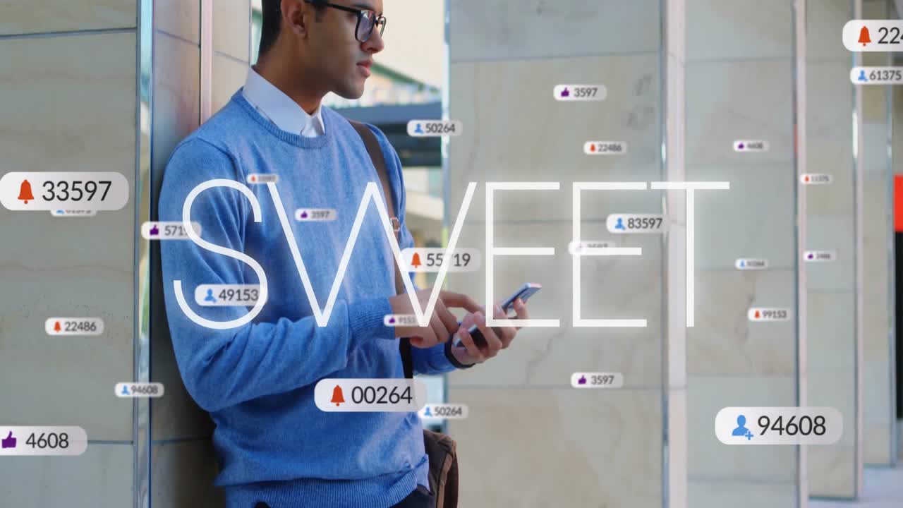 Uomo che tocca lo smartphone in un corridoio moderno, causando icone a forma di campana e "mi piace" fluttuanti che mostrano la crescita tecnologica.