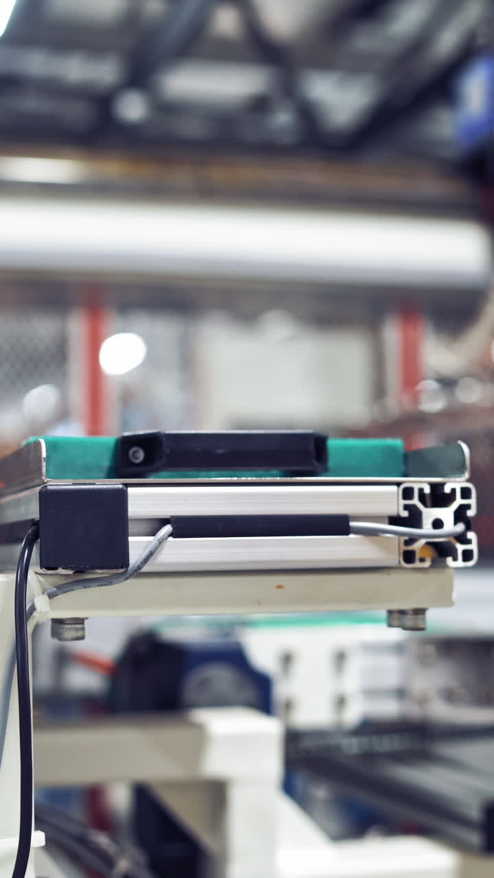 Modern equipment inside industrial plant. Robotic technology of production new details. Close-up. Vertical video