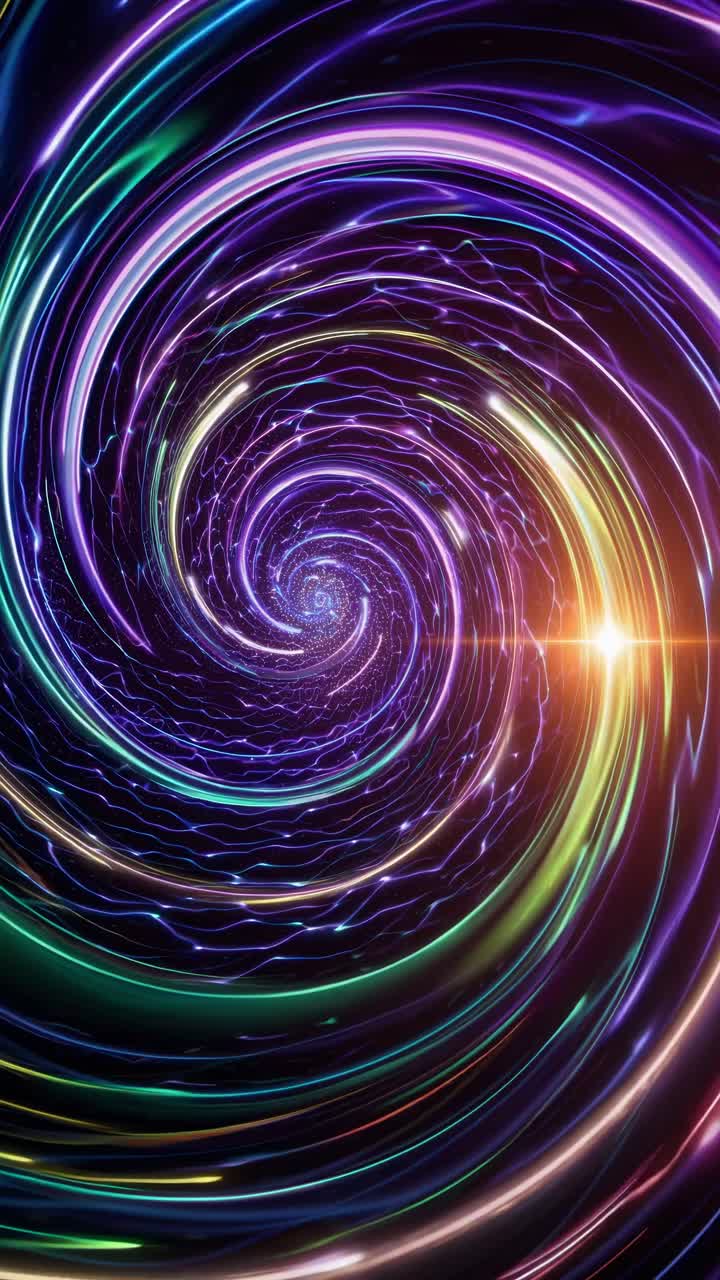 A mesmerizing spiral of neon lights creates a vortex effect, captured from a top-down angle