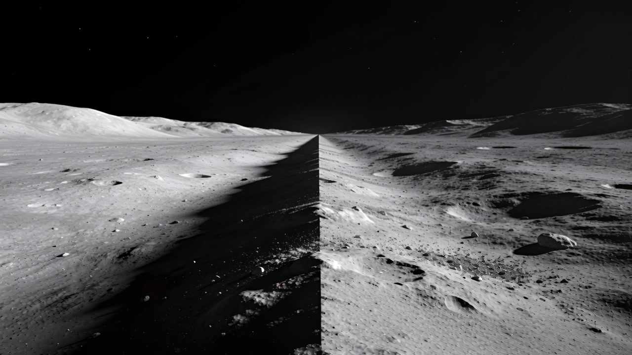 Advancing camera revealing cratered lunar plain toward horizon after push, to reveal seam contrast