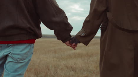 pareja romántica cogida de las manos en el campo de otoño