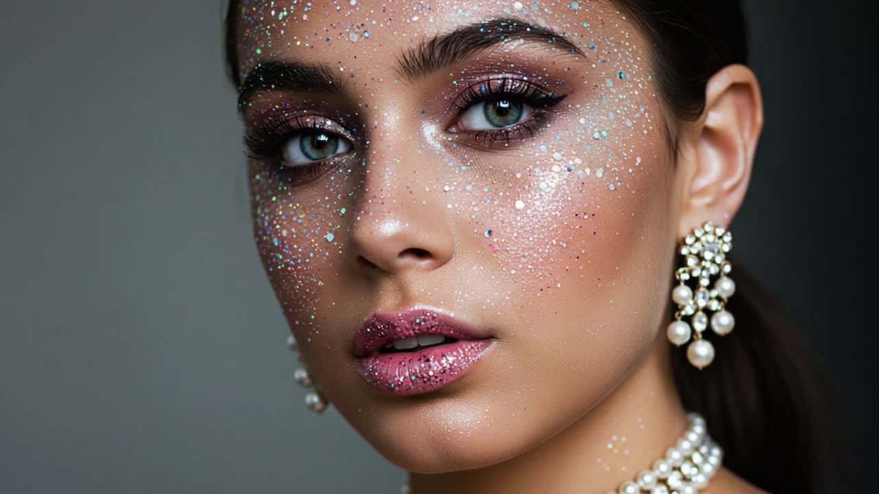 Ritratto ravvicinato accattivante con trucco scintillante e accessori eleganti, che mostra la bellezza con glitter e occhi luminosi.