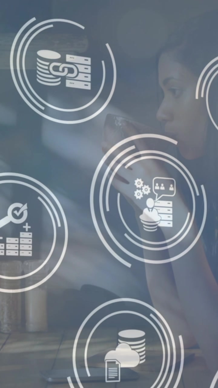 Animation of financial falling icons over women drinking coffee