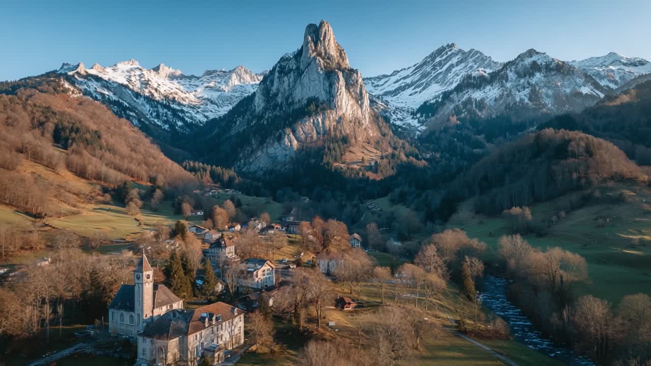 A Scenic Mountainous Landscape Featuring a Quaint Village Nestled Amongst Majestic Peaks and Rolling Hills, Capturing the Beauty of Nature's Splendor