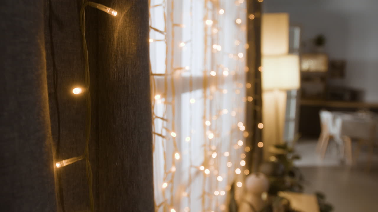 Cozy home decor with fairy lights and soft lighting
