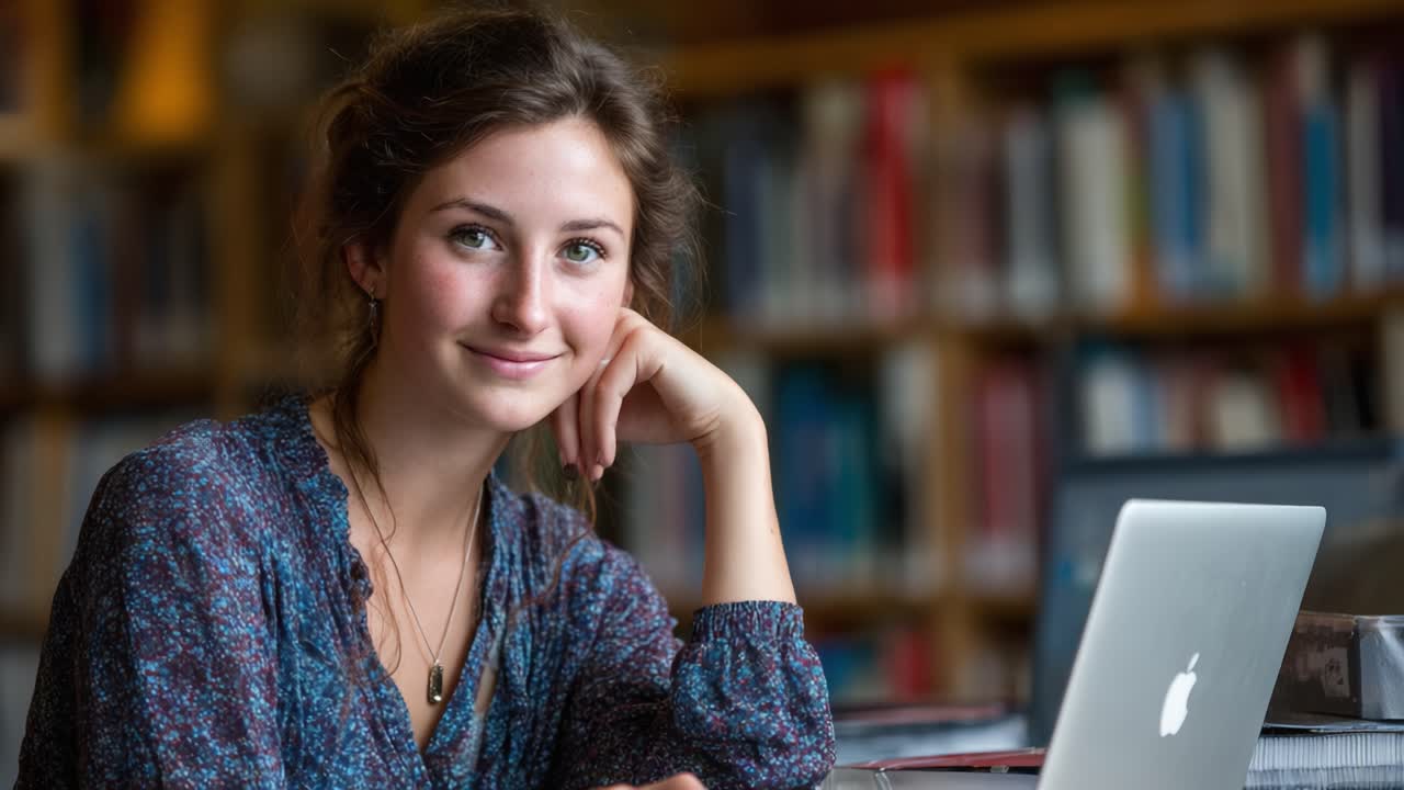 A Thoughtful Young Woman Smiles Calmly While Sitting at a Desk Surrounded by Books, Captured in an Intimate Study Environment with a Laptop in View