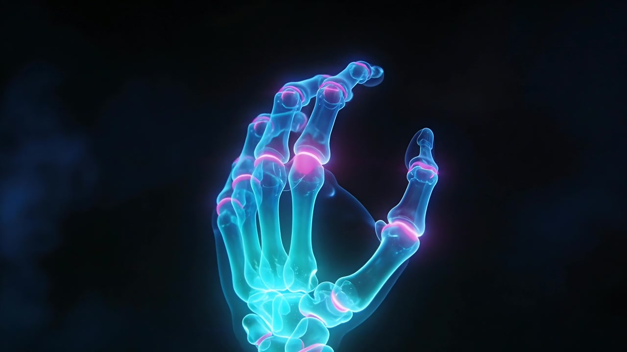 Rotating skeletal hand flexing phalanges and metacarpals in black void, with pink joints, cyan glow