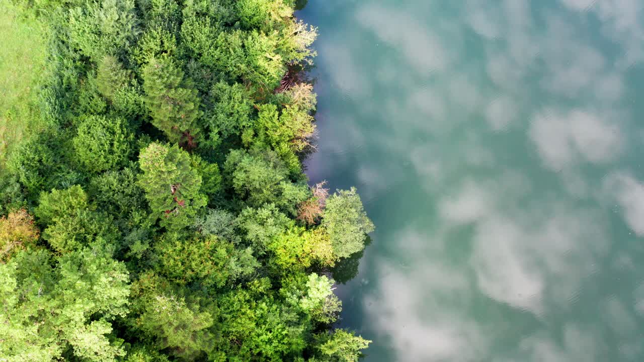 Clouds are reflected in a river next to a lush green forest, aerial top view birdseye drone