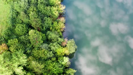 clouds are reflected in a river next to a lush green forest, aerial top view birdseye drone