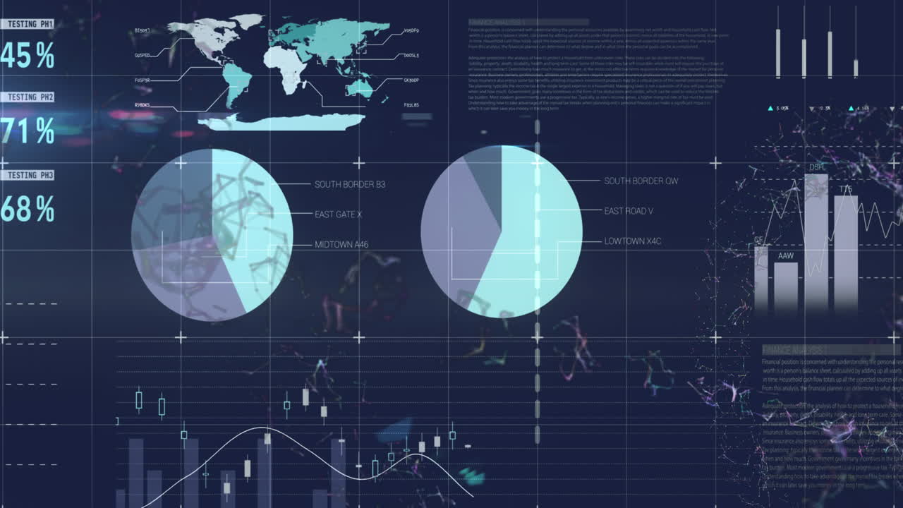 animación del procesamiento de datos estadísticos y onda digital contra un fondo azul.