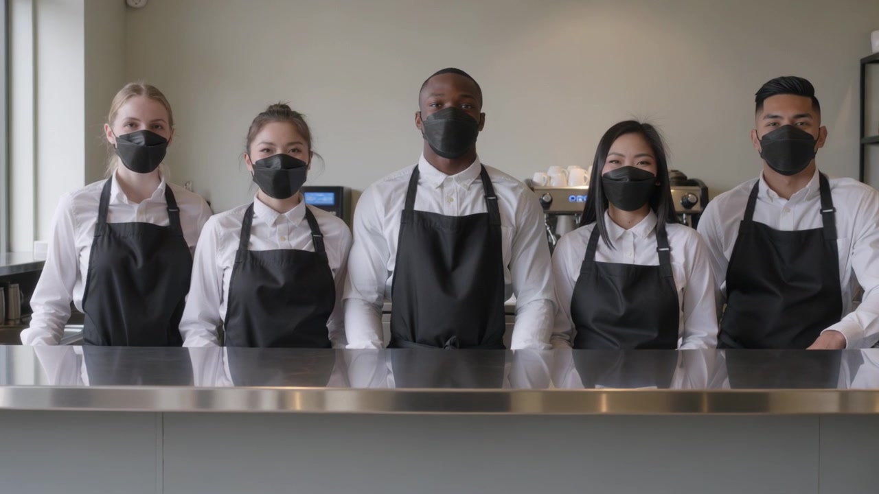 Cinco baristas de pie con camisas blancas y delantales negros, moviéndose en el mostrador de acero mientras la cámara filma.