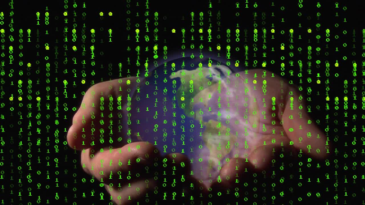 Cupped hands holding Earth globe as green binary streams starting to fall and visualizing data flow