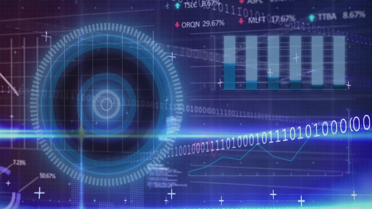 프로그래밍 언어, 이진 코드, 원 및 거래 보드 위에 조명 된 선의 애니메이션