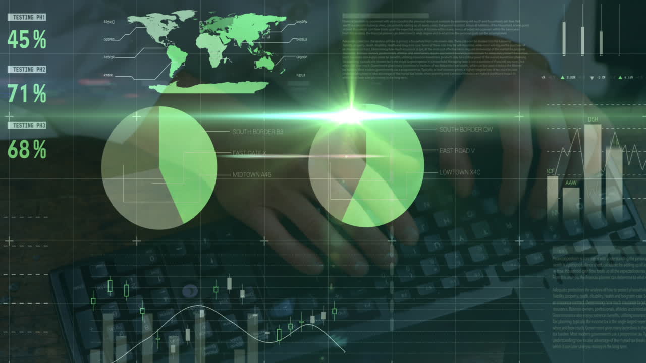 animación del procesamiento de datos financieros y el mapa del mundo sobre el hombre escribiendo en el teclado de la computadora