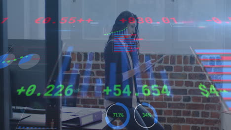 animación del procesamiento de datos financieros sobre una mujer de negocios que usa una tableta en la oficina