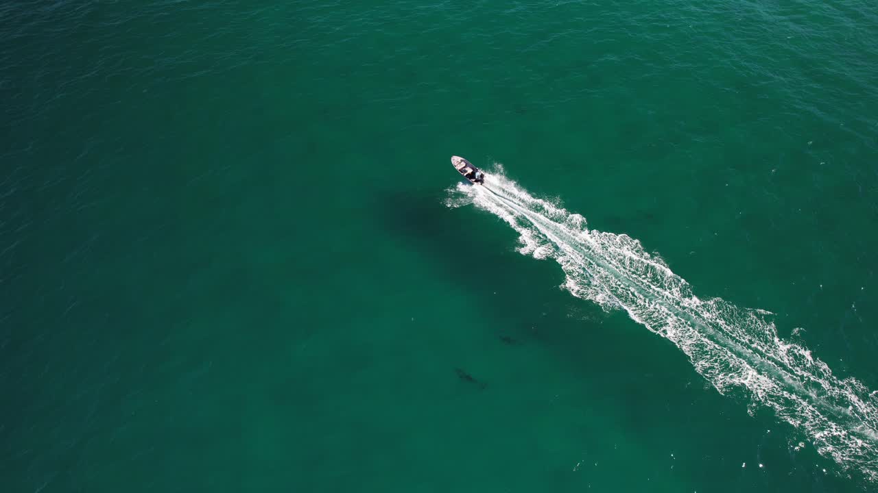 Motorboat Leaving Wake Across The Sea In NSW, Australia - Aerial Shot