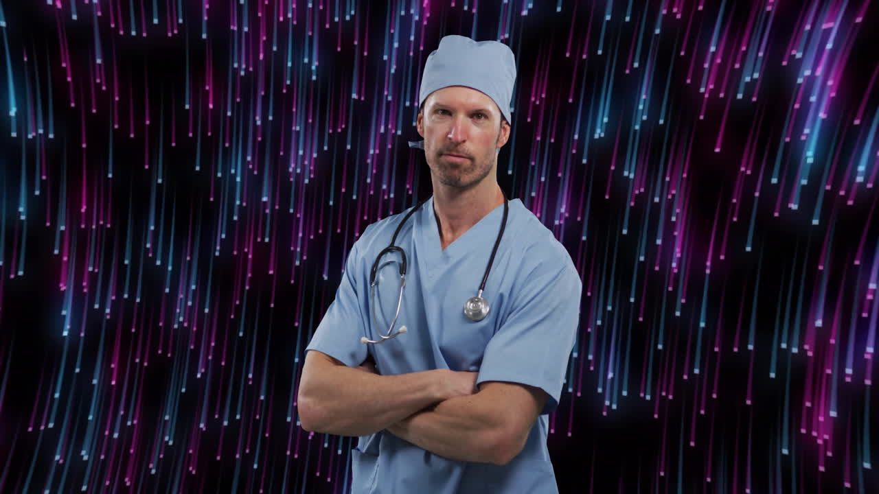 Male doctor standing in health tech studio, wearing stethoscope and scrubs, streaming neon lights